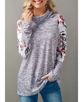 Patchwork Cowl Neck Flower Print T Shirt